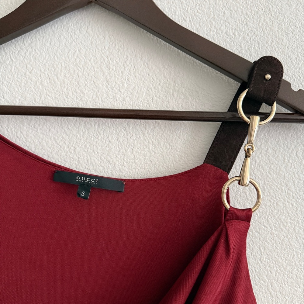Gucci Draped Top Dress Burgundy Red with Metal Ring and Leather Detail